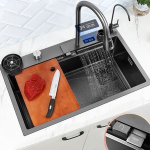 Kitchen Sinks Waterfall Sink Stainless Steel Topmount Large Single Slot Wash Basin With Multifunction Touch Faucet 230617