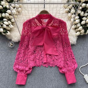 Women's Blouses French Lace Tops Women's Summer 2023 New Fashion Bow Neck Openwork Long Sleeve Solid Color Party Clothes Blouse Shirts