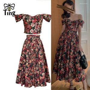 Women's Tracksuits Tingfly Vintage Elegant Floral Print Slash Neck Tops A Line Midi Skirts Summer Bohemian Casual Dress Set 2 Pieces Outfits