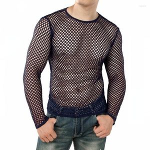 Men's T Shirts Men's Cutout Mesh Top Transparent Sexy Shirt See Through Fishnet Long Sleeve Muscle Undershirts Nightclub Party Tees