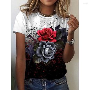 Women's T-skjortor 2023 3D-tryckt T-shirt med rund nacke och blommig matt