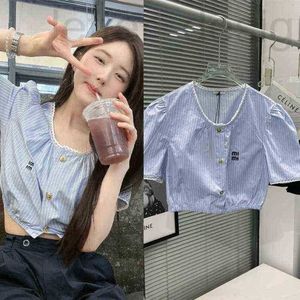 Basic & Casual Dresses designer summer Ruth blue and white vertical stripes embroidered short shirt exposed navel blouse women 1P13