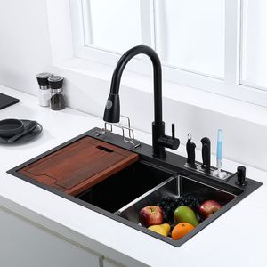 Kitchen Sinks Black kitchen sink With knife holder vegetable washing basin cutting board stainless steel pia black High and low 230616