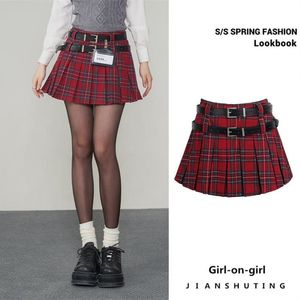 Skirts Red Plaid Skirt American Retro for Women Summer Korean Half length Mini Academy Style Pleated korean style y2k skirt 230617