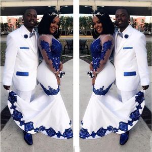 새로운 흰색 새틴 왕실 블루 레이스 aso ebi 아프리카 드레스 긴 환상 소매 아플리케 형식 가운 대회 웨딩 드레스 289n