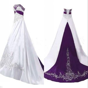Unique Purple and White Embroidery A line Wedding Dresses Bridal Gown Strapless Corset Back Satin Sequins Beaded Custom Made262M