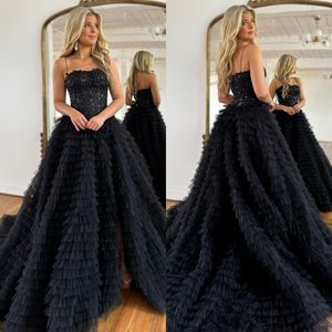 Elegant Black Prom Dresses Sequins Top A Line Party Evening Gowns Pleats Tiered Skirt Slit Semi Formal Red Carpet Long Special Occasion dress