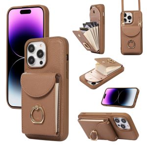 Crossbody Litchi Leather Cards Slots Holder Wallet Cases For iPhone 14 Pro Max 13 12 11 Finger Ring Kickstand Phone Cover