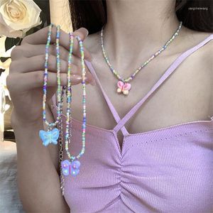 Kedjor kvinnors bohemia stil smycken romantiska färgglada akryl pärlhalsband utsökt charm fjäril pendell halsband