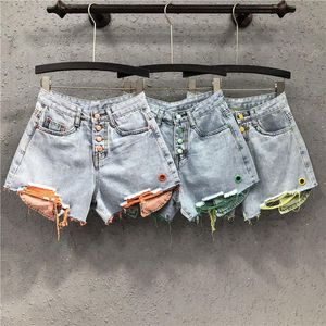 Jeans 2022 Spring Summer Denim Shorts Women Fashion Loose Splicing Button Hole Casual High Waited Wide Leg K331