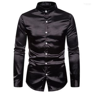 Camisas casuais masculinas masculinas gola mandarim vestido de cetim de seda 2023 marca regular fit camisa de manga longa masculina camisa de negócios masculina1