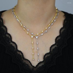 Chains Y-shaped Segmented Splicing Adjustable Clavicle Necklace Micro Paved Small 5A Clear Round CZ Crystal Choker Party Jewelry Gift