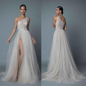 Berta One Shoulder Beach Wedding Dresses Sexy Lace Appliqued Beads A Line Side Split Bridal Gowns Plus Size vestido de novia276e