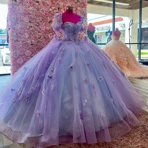 Vestidos Princesa Quinceanera Lavanda Flores 3D Miçangas Aplique Laço Manga Comprida Espartilho com Cadarço Vestido Sweet 15 Roupa de Festa Xv