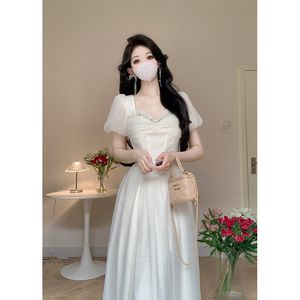 Mulheres Summer Summer Square Collar Rhinestone remendou Puff de manga curta Cantura alta Princesa Long Desinger Dress Xssml