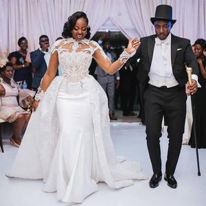 African Plus Size 2021 Satin Wedding Dresses With Detachable Train High Neck Lace Appliqued Long Sleeve Mermaid Bridal Gowns Vesti244E