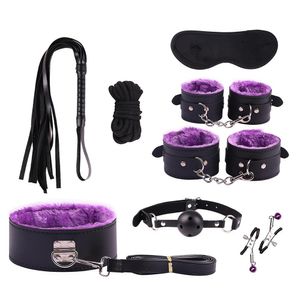Products 8pcs/set Bondage Kit Set Fetish Bdsm Roleplay Handcuffs Blindfold Ball Gag Black/red/pink/purple for Couple Woman