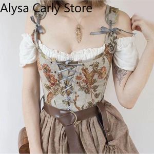 T-Shirt 2022 Spring Designer Vintage Print Halter Camis Women Bandage Floral Corset Shirts Female High Street Sexy Party Club Ladies Top