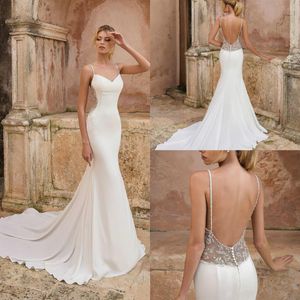 Gorgeous Mermaid 2021 Satin Wedding Dresses Bridal Gowns Spaghetti Straps Backless Luxury Beads Sweep Train Beach Country robe de 263h