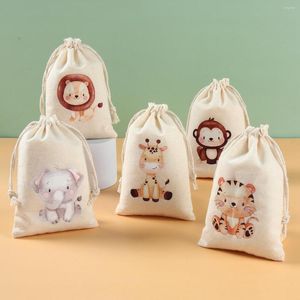 Confezione regalo 6 pezzi Animali della giungla Sacchetti di caramelle Safari Compleanno Scatola per bambini Gioielli Sacco di iuta Sacchetti Imballaggio Wild One