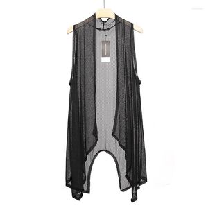 Мужские жилеты 2023 Летняя корейская модная сетчатая сетчатая сетка Long Vest Hollow Out Casual без рукавов Hip Hop Vintage Cardigan