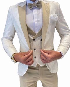 Blazer 2023 Hochzeitsanzug Bräutigam Weißer Blumen-Smoking Slim Fit Herren-Abschlussballanzug Voller Gentleman-Kostüm 3-teilig (Jacke + Weste + Hose)