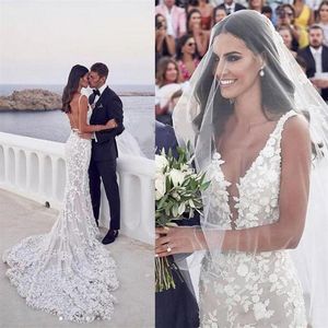 Steven Khalil Boho Beach Abito da sposa 2021 Abiti da sposa sexy a sirena senza schienale con scollo a V Applicazioni in pizzo 3D Cinturino Tromba Giardino Brid295S