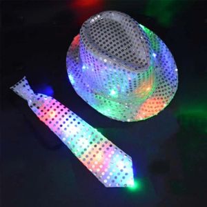 New Party Kids Adult LED Light Up Tie Paillettes Jazz Cappello Fedora Lampeggiante Neon Party Gift Costume Cap Compleanno Matrimonio Carnevale 0709