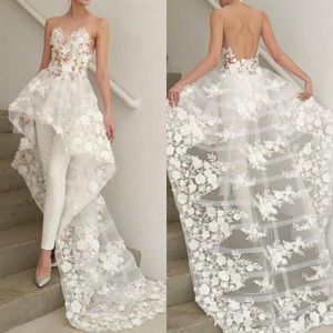 Chicki Bohemian A Line Suknie ślubne Sheer Jewel Neck Lace Applique Backless Suknia ślubna Boho Bride Sukienka bez spodni 239W