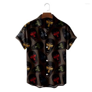 Camisas casuais masculinas de verão masculinas soltas Havaí Tiki máscara tribal série praia 2023 superdimensionadas divertidas social festa com botões gola blusas masculinas