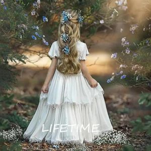 Mädchenkleider Elfenbein Spitze Chiffon Blume für Hochzeit Festzug Kleider kurze Ärmel bodenlang Boho Erstkommunion Kleid