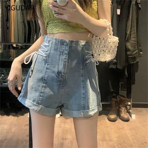 Shorts femininos jeans sexy verão mulheres denim shorts 2022 novo azul cintura alta rasgado curto jeans femme borla rendas até bandagem calças quentes jeans mulher