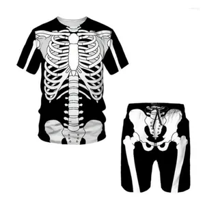 Мужские спортивные костюмы скелетоны Skull 3D Print Summer's Men's Men's Sets 2PC Твердовой костюм с коротким рукавом и пляж