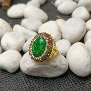 Cluster Rings Natural Grass Flower Stone Tourmaline Rhinestone Ring Ladies Personality Fashion Versatile Net Red Jewelry