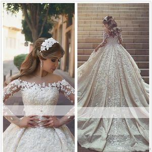 2019 Arabiska prinsessan Sheer LongeeLeVes Wedding Dress Ball Gown Lace Appliques Church Formal Bride Bridal Gown Plus Size Custom MA248W