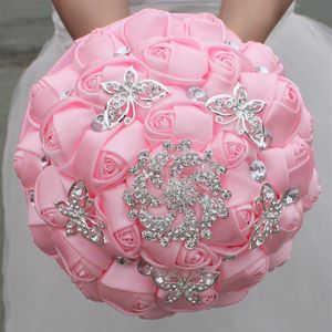 Rosa bröllop brudbuketter handgjorda blommor söta 15 quinceanera buketter pärlor kristall rhinestone ros brud som håller brosch w235t