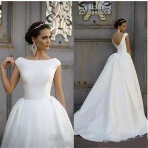 Satin A Line Wedding Dress 2019 Boat Jewel Neck Ruched Draped Cap Sleeves V Back Plus Size Custom Bridal Gowns Simple Wedding Dres341M