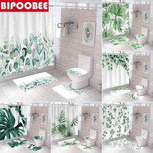 Perdeler Tropikal Bitki Yeşil Yapraklar 3D Duş Perdesi Banyo Perdeleri Kaide Halı Tuvalet Kapak Kapağı Slip Halı Banyo Mat Seti