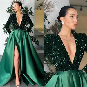 Dark Green Sequins Prom Dresses Plunging V Neck A Line Party Evening Gowns Pleats Long Sleeves Slit Semi Formal Red Carpet Long Special Occasion dress