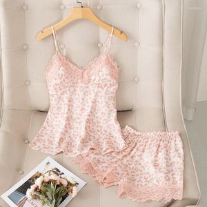 Women's Sleepwear Sexy Lace Leopard Pajamas Set Lady Satin V-Neck Cami&Shorts Sleep Suit Casual Backless Deep Homewear Summer Lingerie