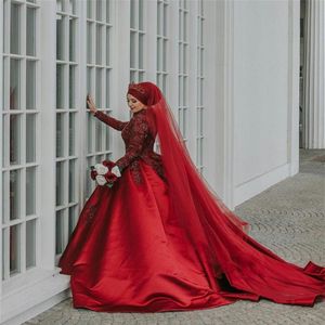 Luxury Red Dubai Arabic Muslim Plus Size Ball Gown Wedding Dresses Long Sleeves Beads Lace Appliqued Wedding Bridal Gowns Robe de 308V