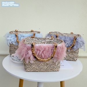 Borse a tracolla da donna all'ingrosso in fabbrica 3 colori Borsa a mano in stile bohemien con bordo in piuma Borsa da spiaggia in paglia per il tempo libero dolce vacanza Borse in rattan intrecciato estivo 155 #