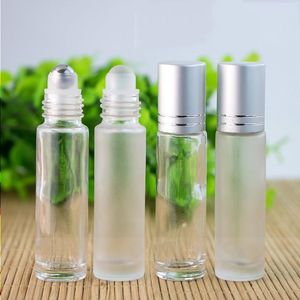 10 ml Essential Oil Roll-On-flaskor Transparent Frosted Glass Bottle rostfritt stål Rollerbollar Silver Cap Roller flaskor OQUWJ