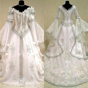 Średniowieczne sukienki ślubne Witch Celtic Tudor Renaissance Costume Victorian Gothic Off the ramię w długim rękawie suknia ślubna Bridal227D