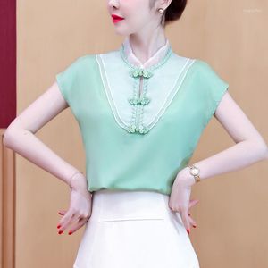 Roupas étnicas Estilo Chinês Feminino Fahion 2023 Summer Retro Shirts Chiffon Blusas Vintage Cheongsam T-Shirt Ladies Tops 11408