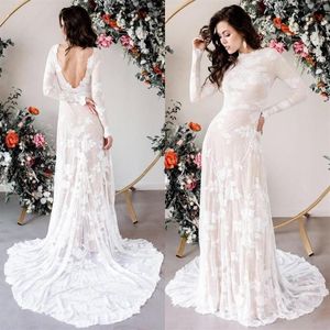2020 Bohemian Long Sleeves Wedding Dresses Lace Jewel Neck Backless Sweep Train Custom Made Plus Size Wedding Gowns vestido de nov272t