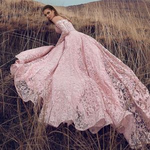 Erstaunliche rosa Spitze Brautkleider schulterfrei mit langen Ärmeln 2022 Brautkleid mit offenem Rücken Vestidos De Novia Landhochzeitskleid Pl338Y