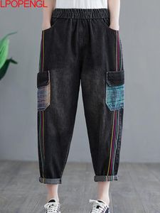 Kot pantolon vintage yama işlemeli kot pantolon sıkıntılı patchwork renk kontrast harem pantolon gevşek cep anklelengl pantolon