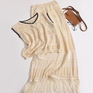 Two Piece Dress Summer Pure and Highend Fashion Suit Female Design Sense Niche Hit Color Sleeveless Top High Waist Hollow Tassel 230617