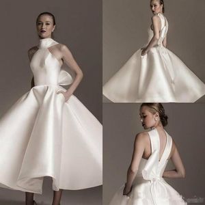 فساتين زفاف خمر طول الكاحل مع Big Bow 2019 High Neck Matte Skirt Skirt Princess Garden Church Short Wedding 300w